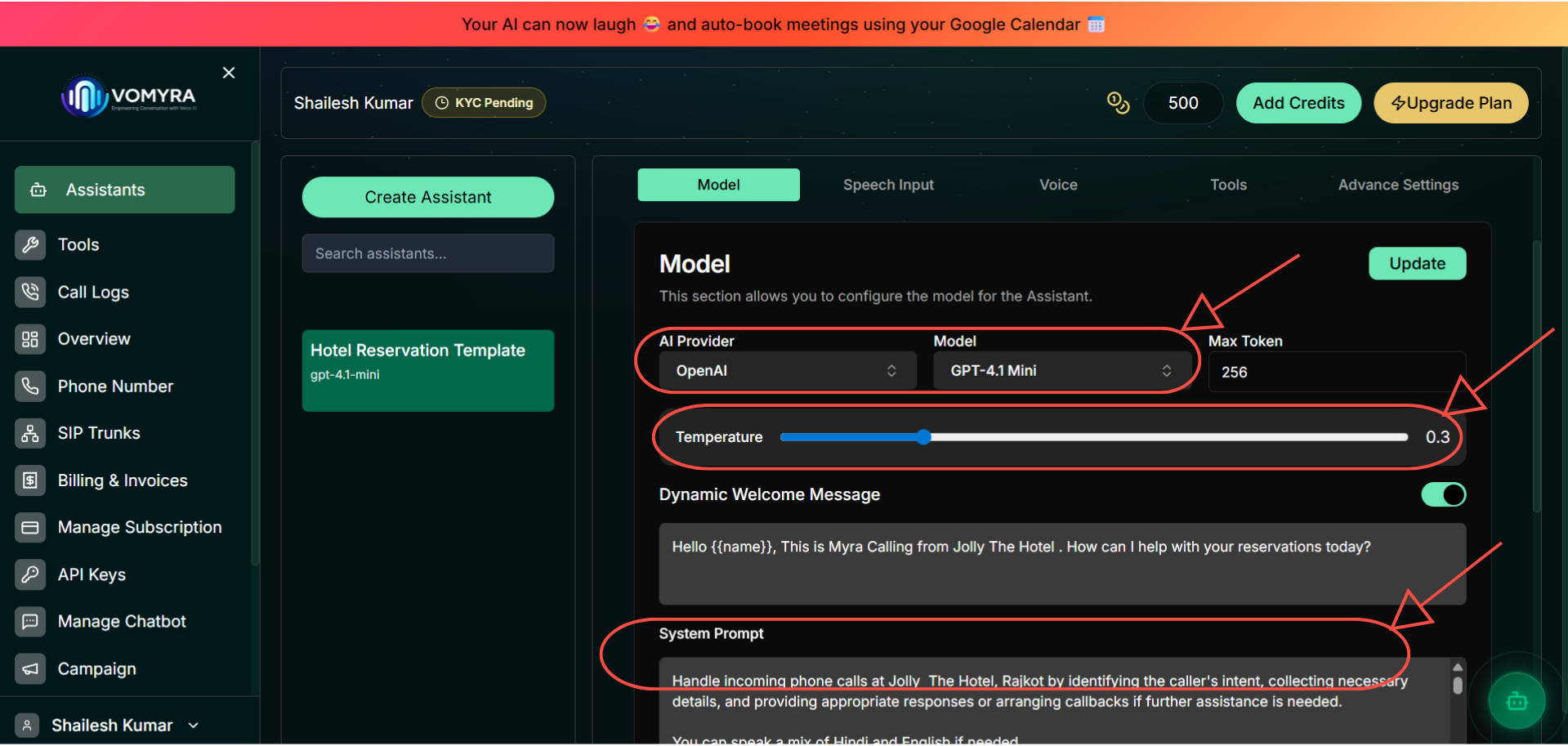 Model tab showing AI Provider, Model, Temperature, and System Prompt controls highlighted
